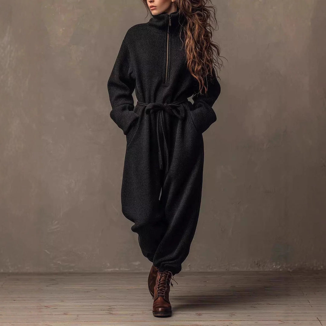 Damen Bouclé-Einteiler mit halbem Reißverschluss, Taillengürtel und weitem Bein Shop Nory
