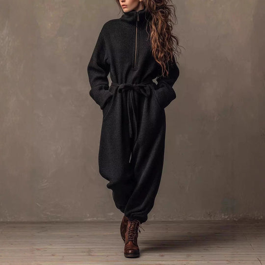 Damen Bouclé-Einteiler mit halbem Reißverschluss, Taillengürtel und weitem Bein Shop Nory