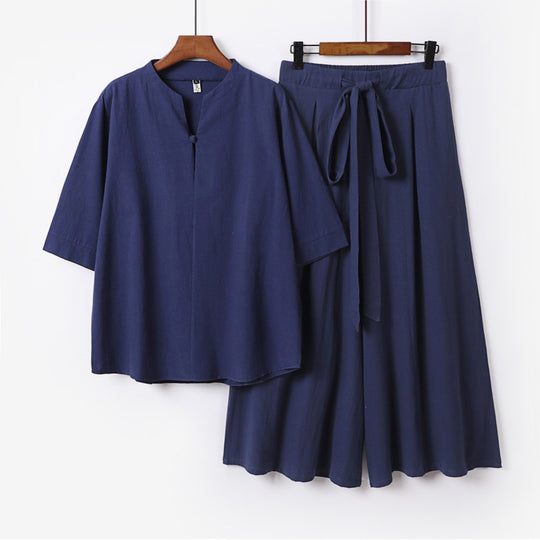 Damen Lässiges Leinen-Viskose Lounge-Set mit Stehkragen-Oberteil und weiten Palazzo-Hose Shop Nory