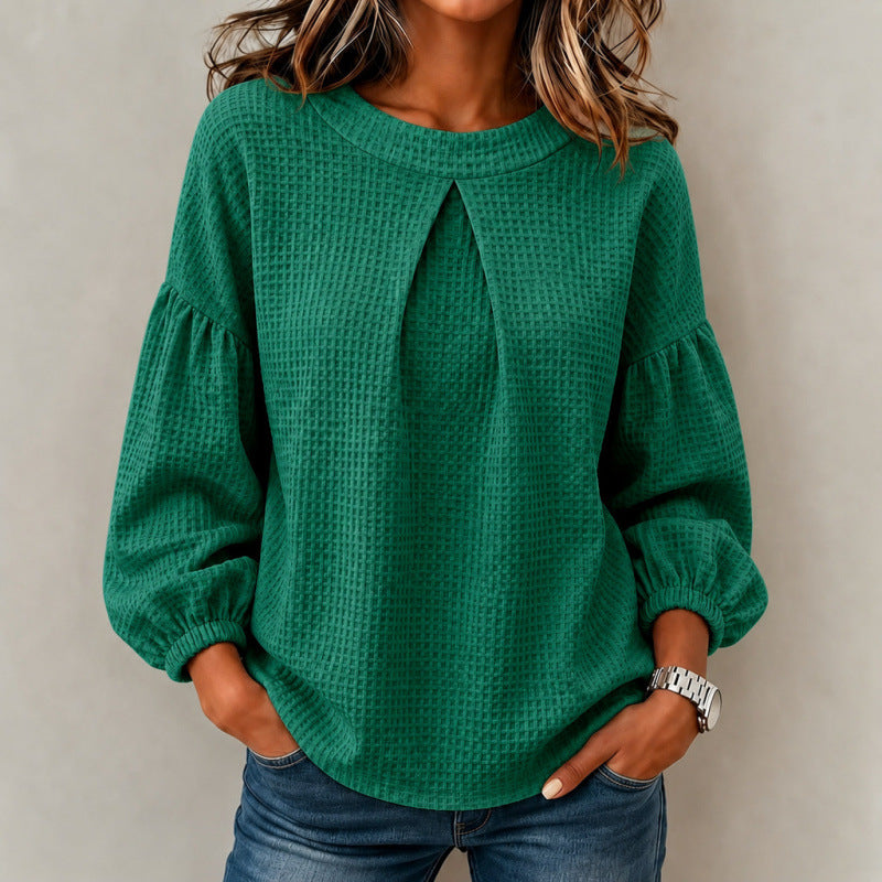 Damen Lockeres Waffelstrick-Sweatshirt mit Vorderfalte und Ballonärmeln Shop Nory