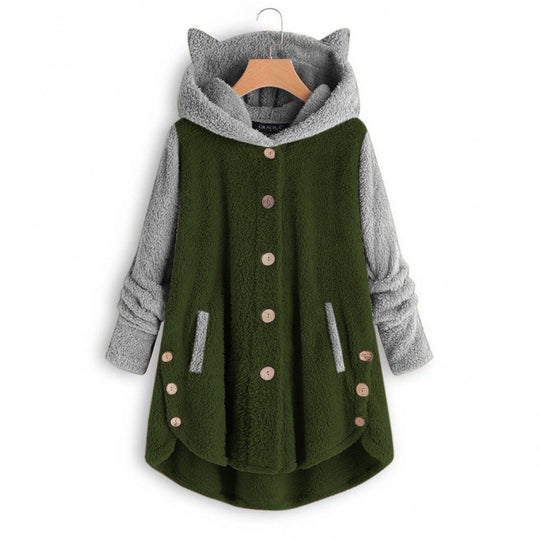 Damen Kuschelige Kapuzen‑Teddyjacke mit Katzenohren, Holzknopf‑Details und High‑Low‑Saum Shop Nory