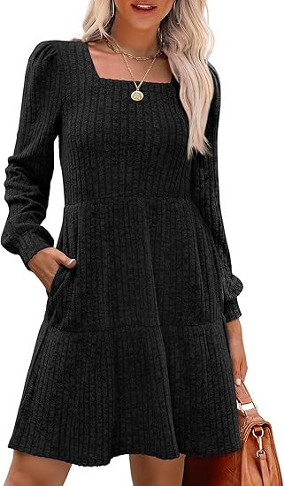 Damen Gestricktes A‑Linien‑Minikleid mit quadratischem Ausschnitt, Stufenrock und Eingrifftaschen Shop Nory
