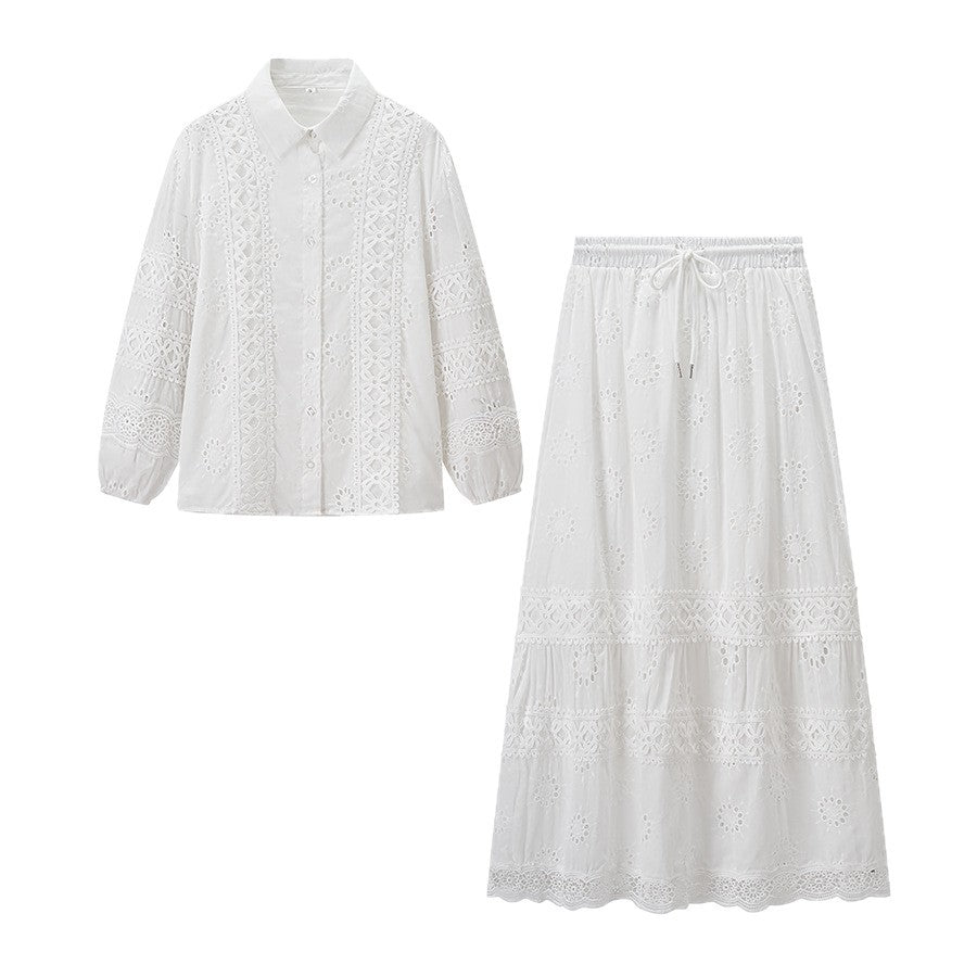 Damen Zweiteiliges Broderie-Anglaise-Set mit Hemdbluse und gestuftem Midirock Shop Nory