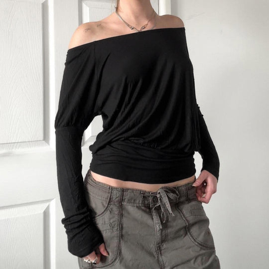 Damen nan schulterfreies Langarmshirt mit tailliertem Komfortbund, gerafften Schultern und figurbetonter Passform Shop Nory