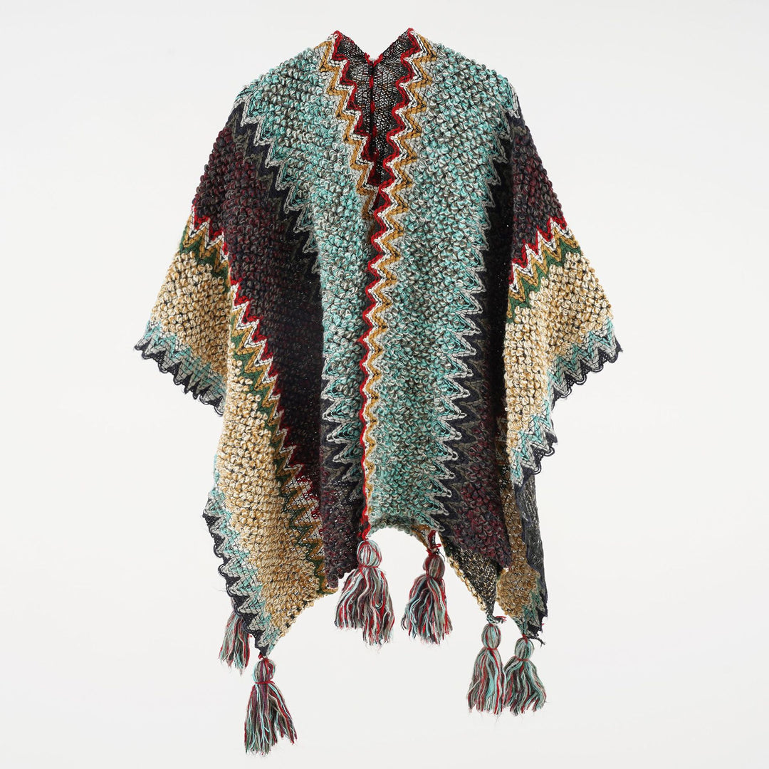 Damen Kurzponcho aus Bouclé-Strick mit Zickzack-Jacquard und Quasten Shop Nory