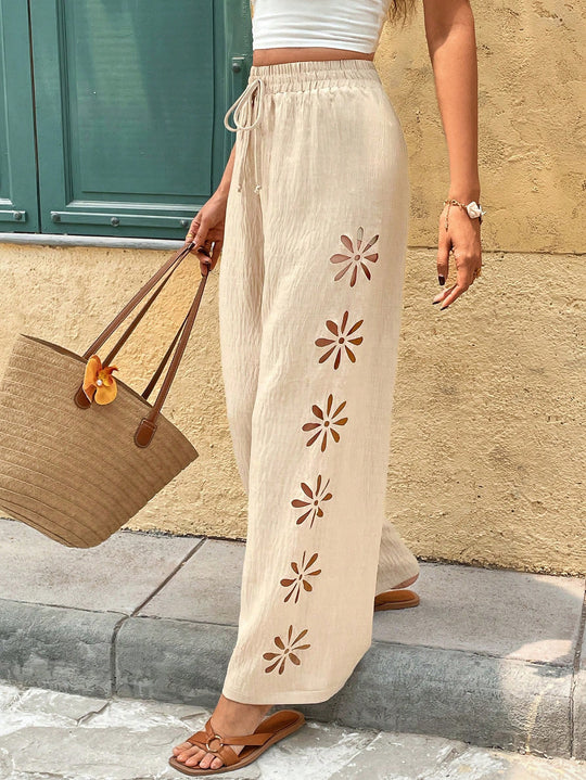 Damen Weite Leinenhose mit Blumen-Applikationen und Elastikbund Shop Nory