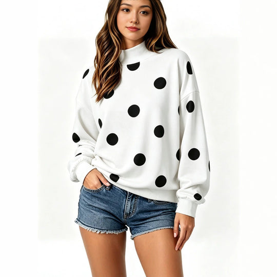 Damen Locker geschnittenes Sweatshirt mit Stehkragen und großen Punkten Shop Nory