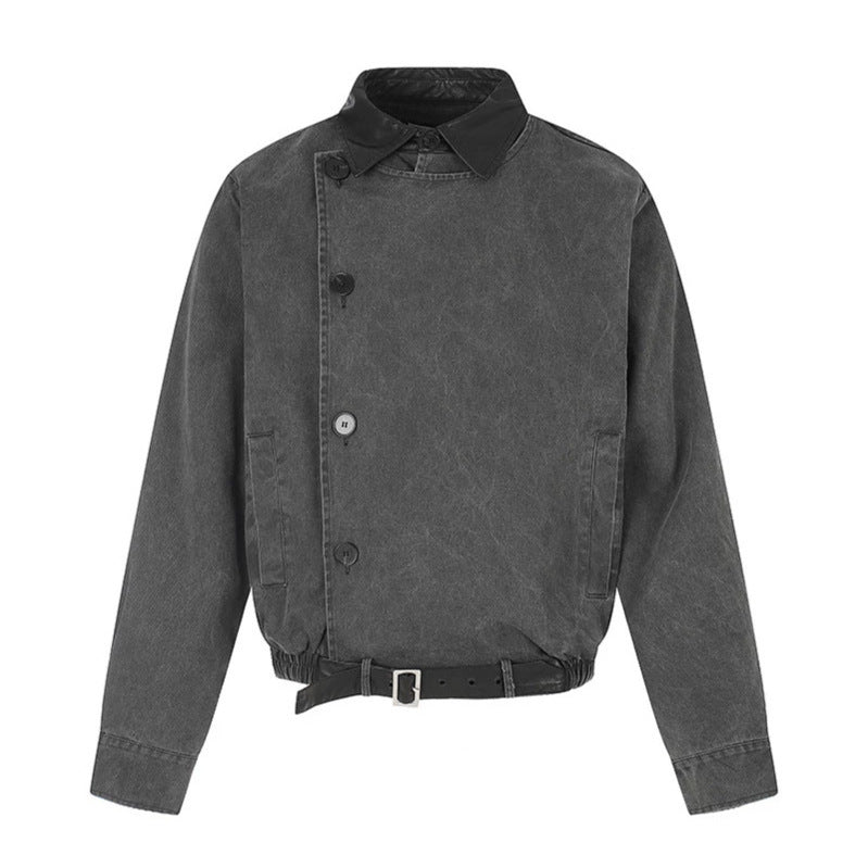 Herren Asymmetrische Canvas-Bomberjacke mit Lederriemen und Stehkragen Shop Nory