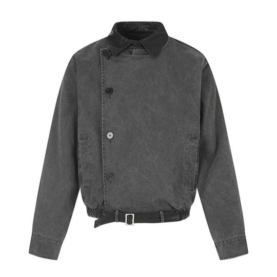 Herren Asymmetrische Canvas-Bomberjacke mit Lederriemen und Stehkragen Shop Nory