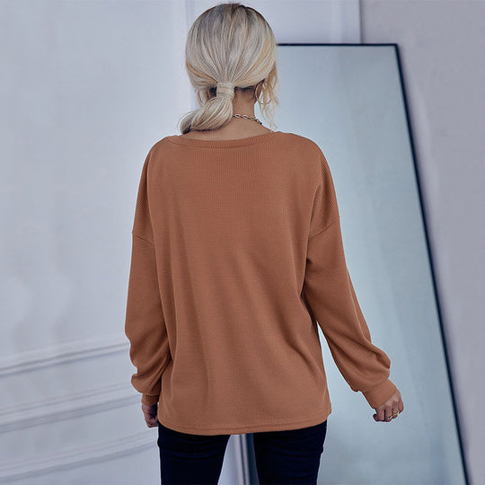 Damen Waffelstrick-Pullover mit Henley-Knopfleiste und überschnittener Schulter Shop Nory