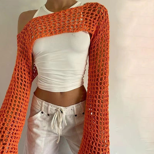 Damen gehäkelter kurzer Bolero mit asymmetrischem Schulterauschnitt und ausgestellten Ärmeln Shop Nory