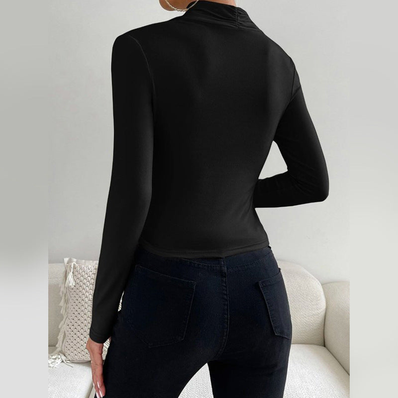Damen Enganliegendes Langarmshirt mit Wickelkragen und seitlicher Raffung Shop Nory