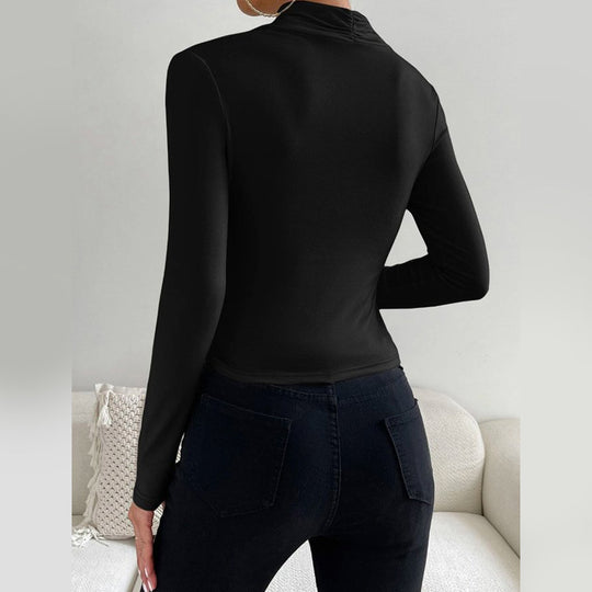 Damen Enganliegendes Langarmshirt mit Wickelkragen und seitlicher Raffung Shop Nory