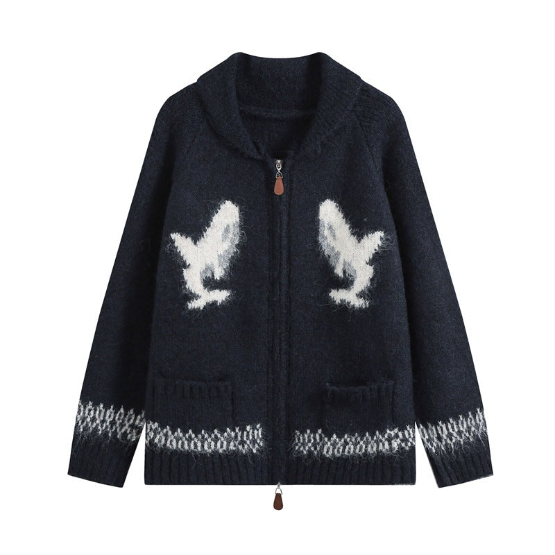 Damen Strickjacke mit Reißverschluss, Schalkragen und Wal‑Intarsien Shop Nory