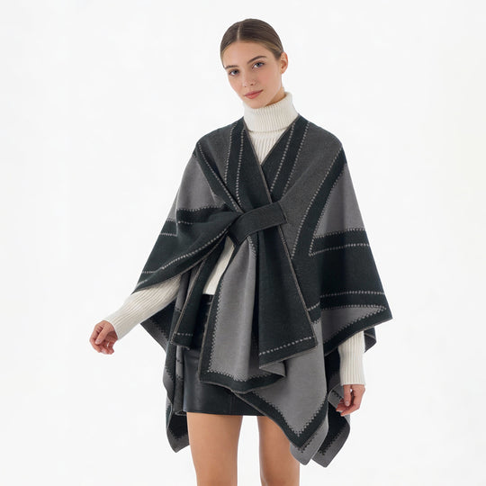 Damen Reversibler Wollmix-Poncho mit grafischem Jacquardmuster und Taillengürtel Shop Nory