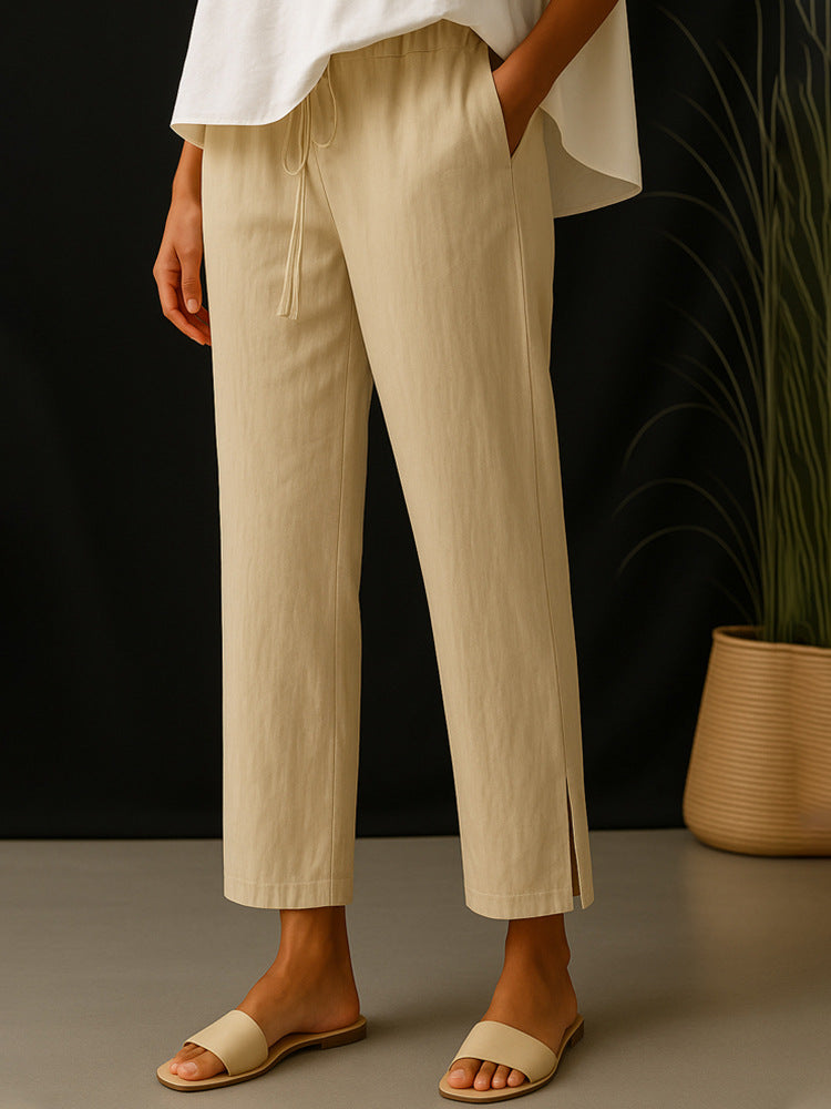Damen Casual-Chino Leinenoptik Culotte mit elastischem Tunnelzugbund und Eingrifftaschen Shop Nory