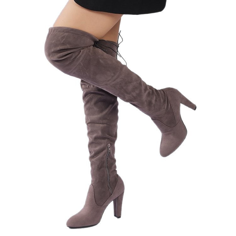 Damen Overknee-Stiefel aus Veloursleder mit hohem Blockabsatz und seitlichem Reißverschluss Shop Nory