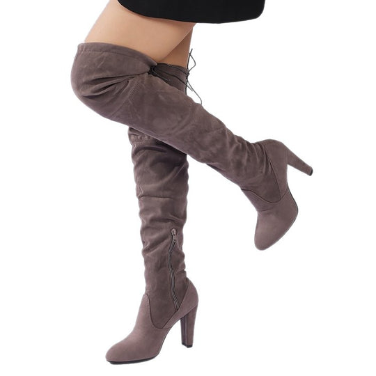 Damen Overknee-Stiefel aus Veloursleder mit hohem Blockabsatz und seitlichem Reißverschluss Shop Nory