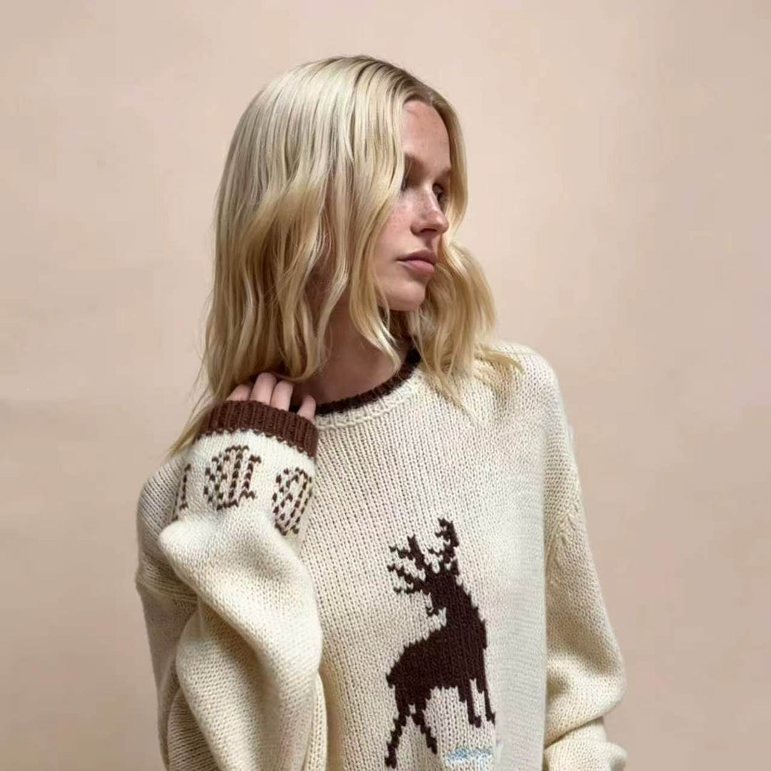 Damen Oversize Strickpullover mit Hirschintarsie, Rundhalsausschnitt und Norwegerbündchen Shop Nory