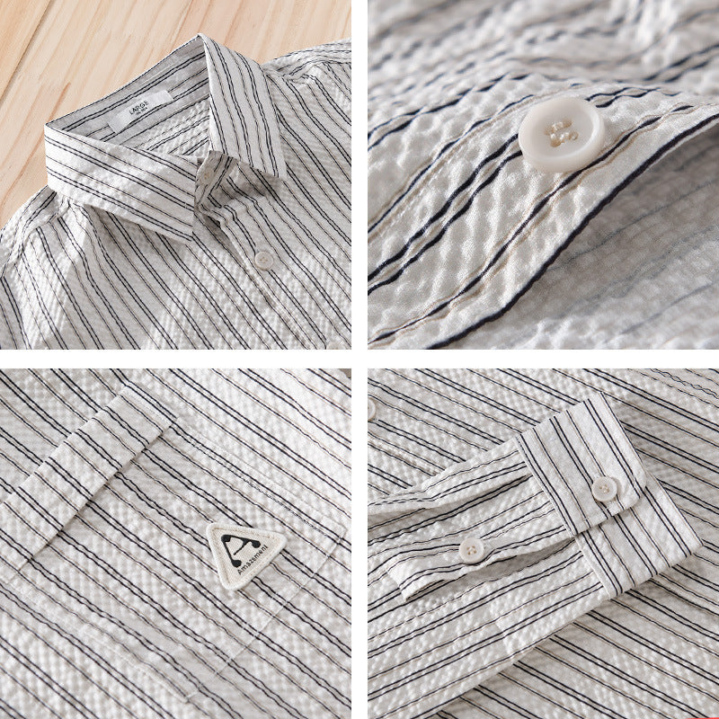 Herren Leichtes gestreiftes Baumwoll‑Leinen Layering‑Overshirt mit Kentkragen, Brusttasche und Crinkle‑Struktur Shop Nory