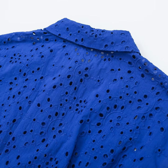 Damen Ärmellose Lochstickerei-Bluse mit Hemdkragen und Perlmuttknopfleiste Shop Nory