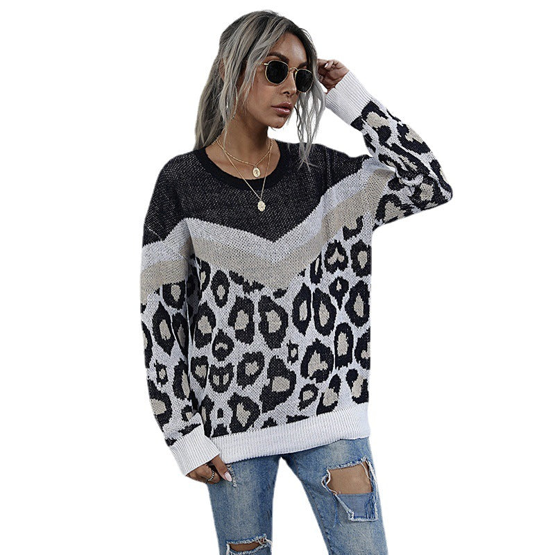 Damen Oversize-Feinstrickpullover mit Chevron-Detail und abstraktem Leoprint Shop Nory