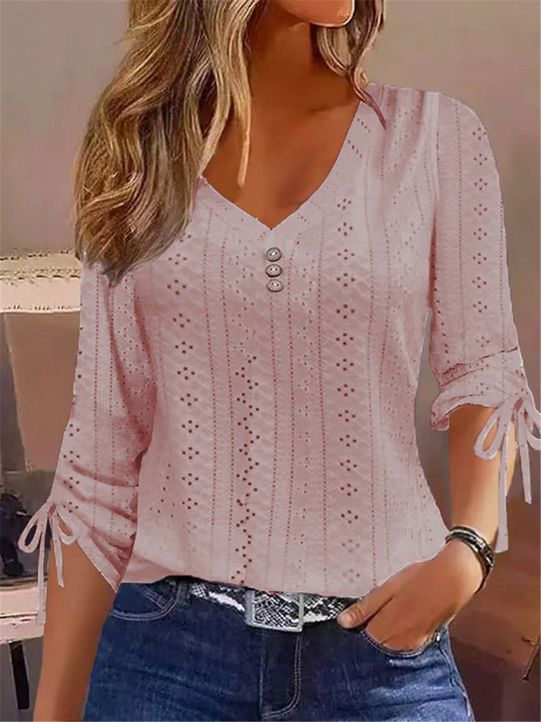 Damen V-Ausschnitt Bluse mit Raffdetails