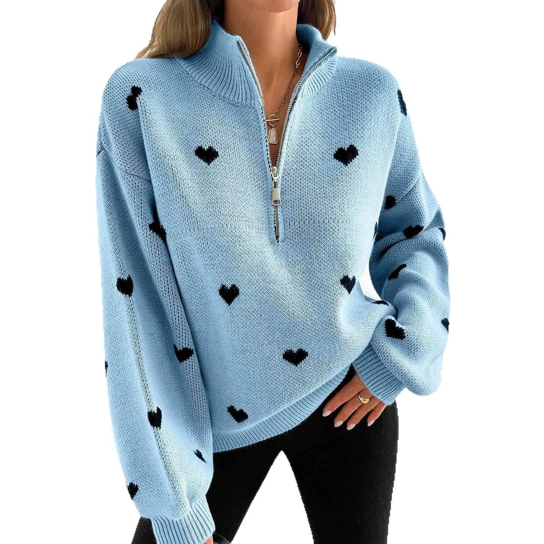 Damen Oversize Strickpullover mit Half-Zip und Herzmotiv Shop Nory