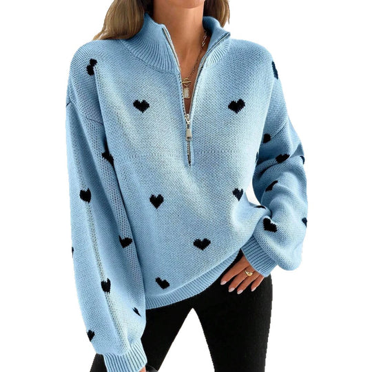 Damen Oversize Strickpullover mit Half-Zip und Herzmotiv Shop Nory