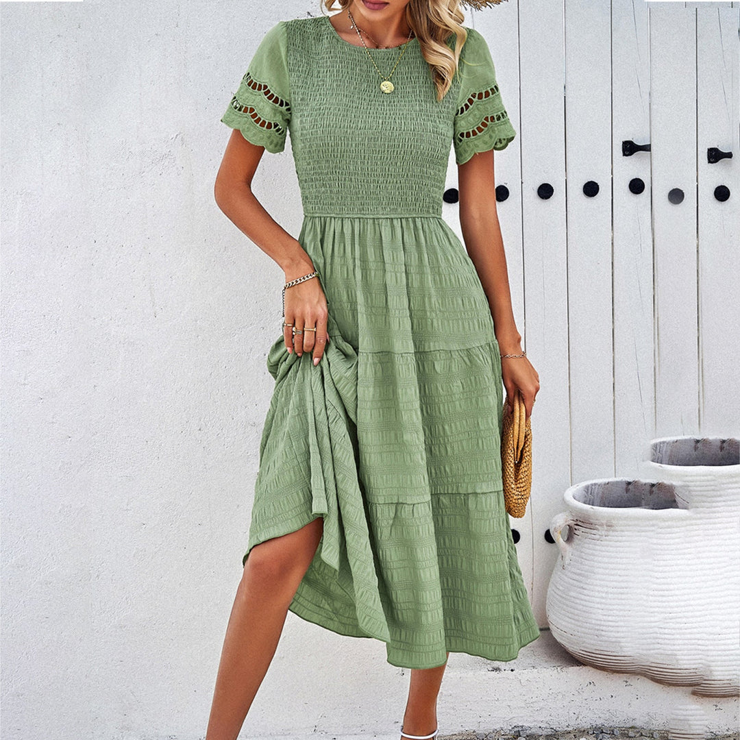 Damen Midikleid mit Puffärmeln und Elastischem Oberteil