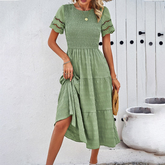 Damen Midikleid mit Puffärmeln und Elastischem Oberteil