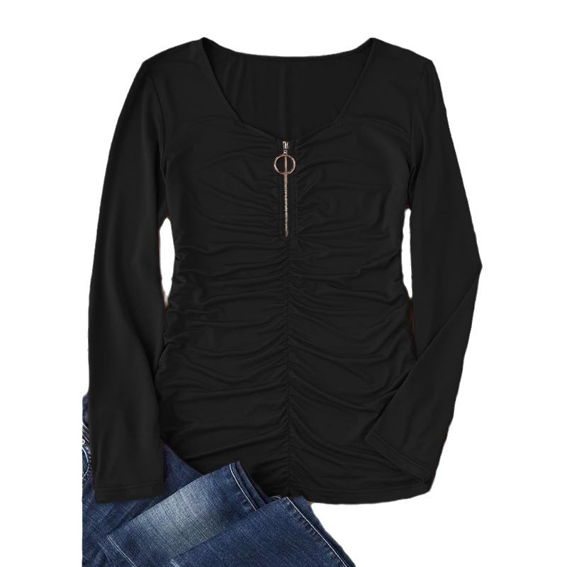 Damen Figurumspielendes Langarmshirt mit Frontreißverschluss und Raffung Shop Nory