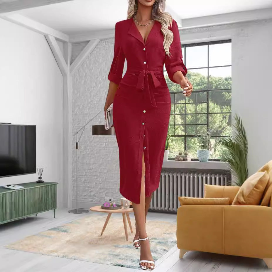Damen Knielanges Hemdblusenkleid mit Taillengürtel