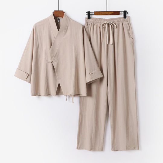 Unisex Leichtes Zen-Lounge-Set im Kimono-Stil mit überschnittener Schulter verdeckter Knotenleiste und elastischer Tunnelzughose Shop Nory