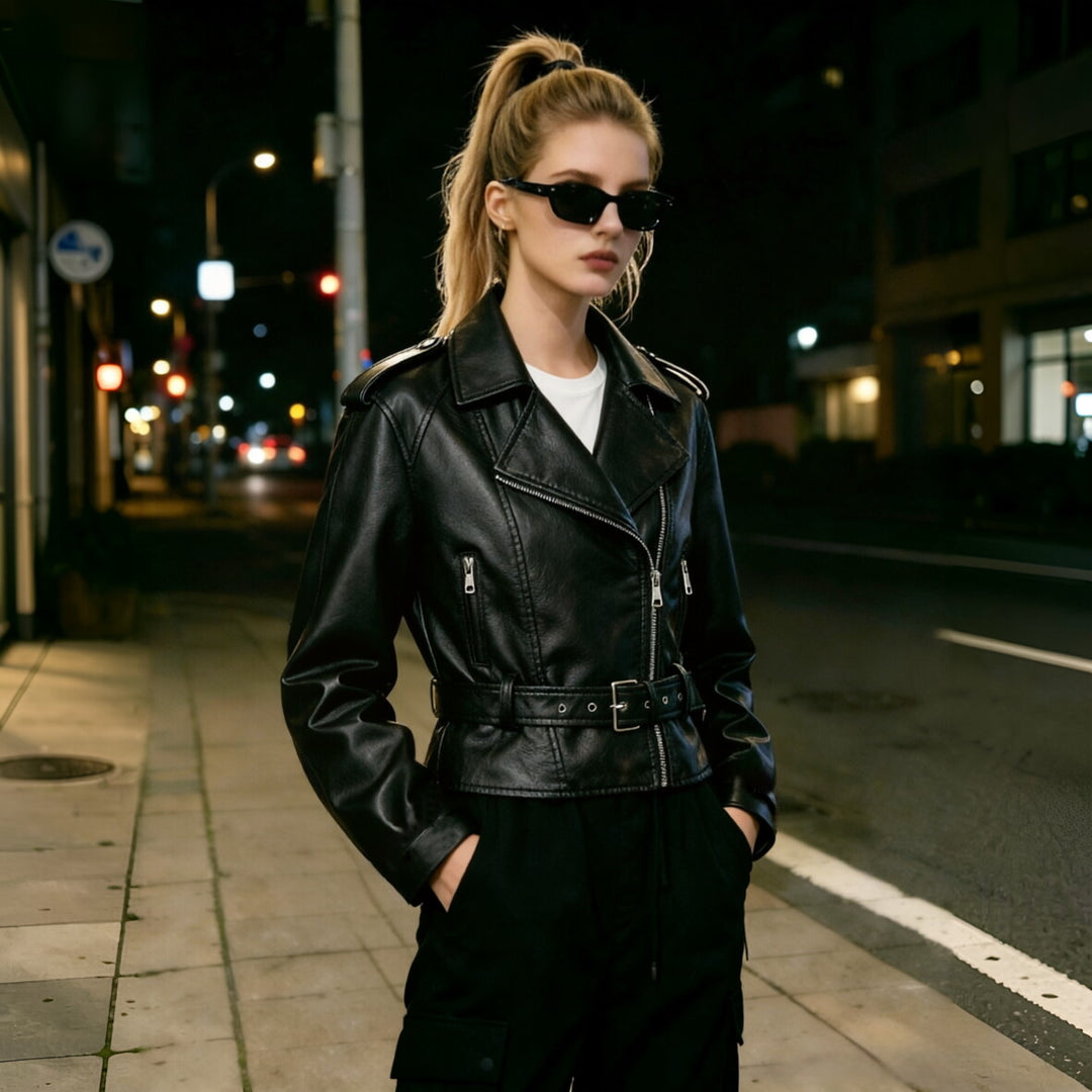Damen Kurzjacke im Bikerstil aus weichem Kunstleder mit asymmetrischem Reißverschluss und Taillengürtel Shop Nory