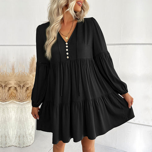 Damen Weiches Stufen-Minikleid mit V-Ausschnitt, Knopfleiste und Ballonärmeln Shop Nory
