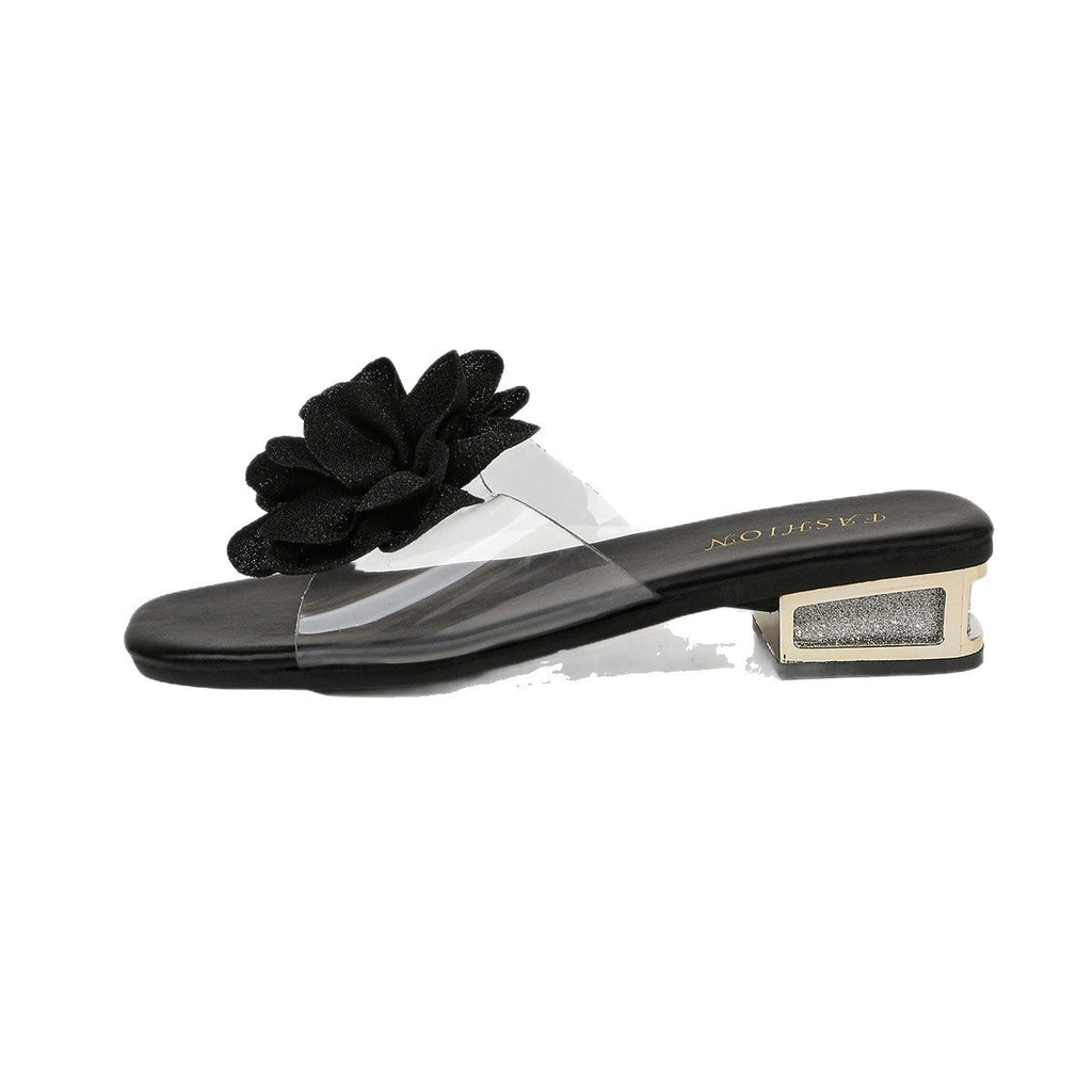Damen Slides mit floralen Applikationen und funkelndem Blockabsatz