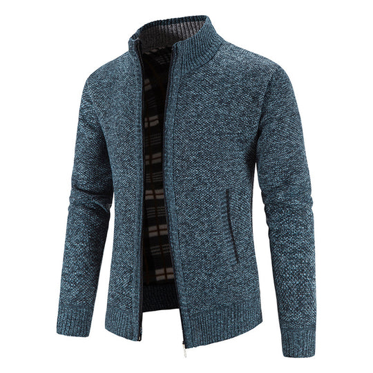 Herren Strickjacke mit durchgehendem Reißverschluss, Stehkragen und kariertem Futter Shop Nory