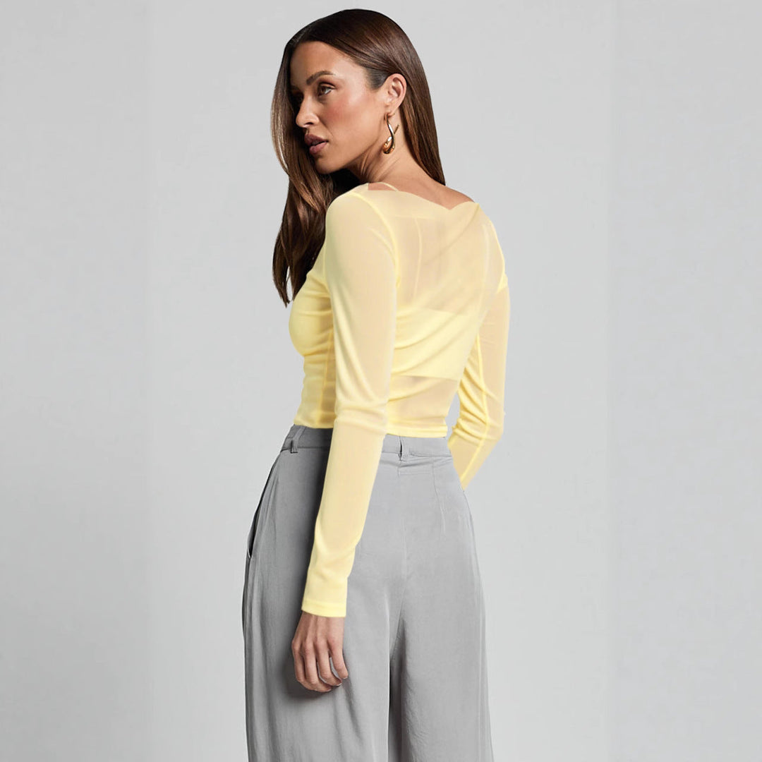 Damen Elegantes Langarmoberteil mit transparentem Mesh und Raffung