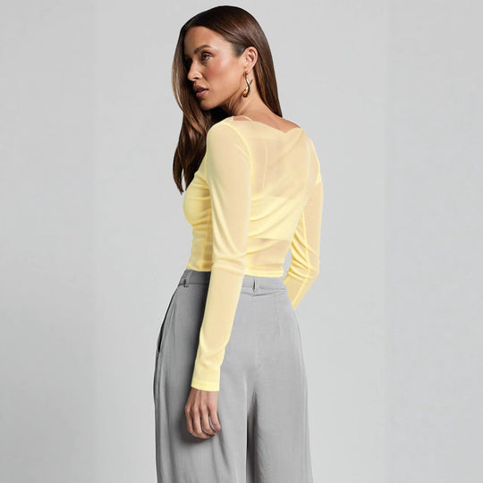 Damen Elegantes Langarmoberteil mit transparentem Mesh und Raffung