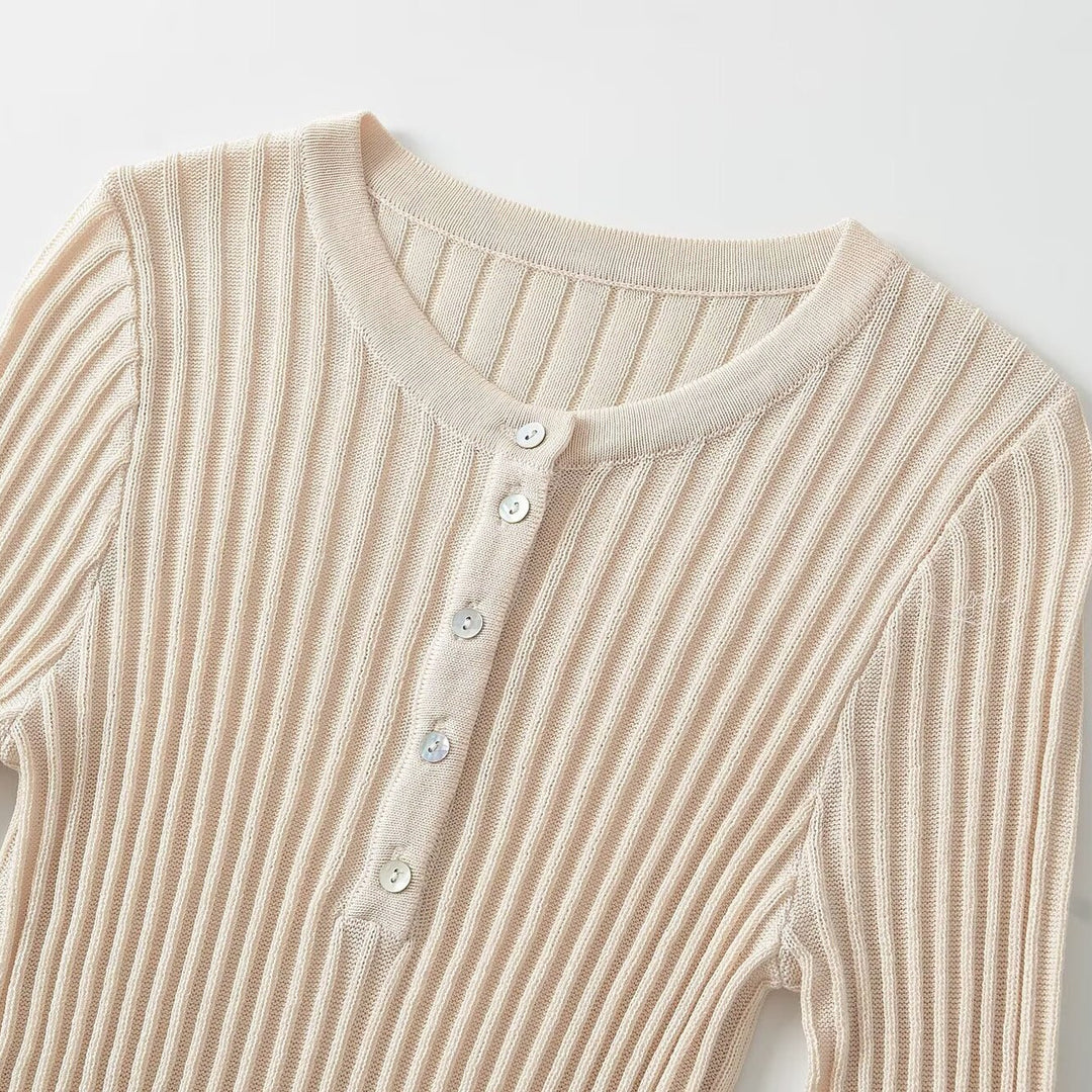 Damen Figurbetontes geripptes Langarm-Feinstrickshirt mit Henley-Knopfleiste Shop Nory
