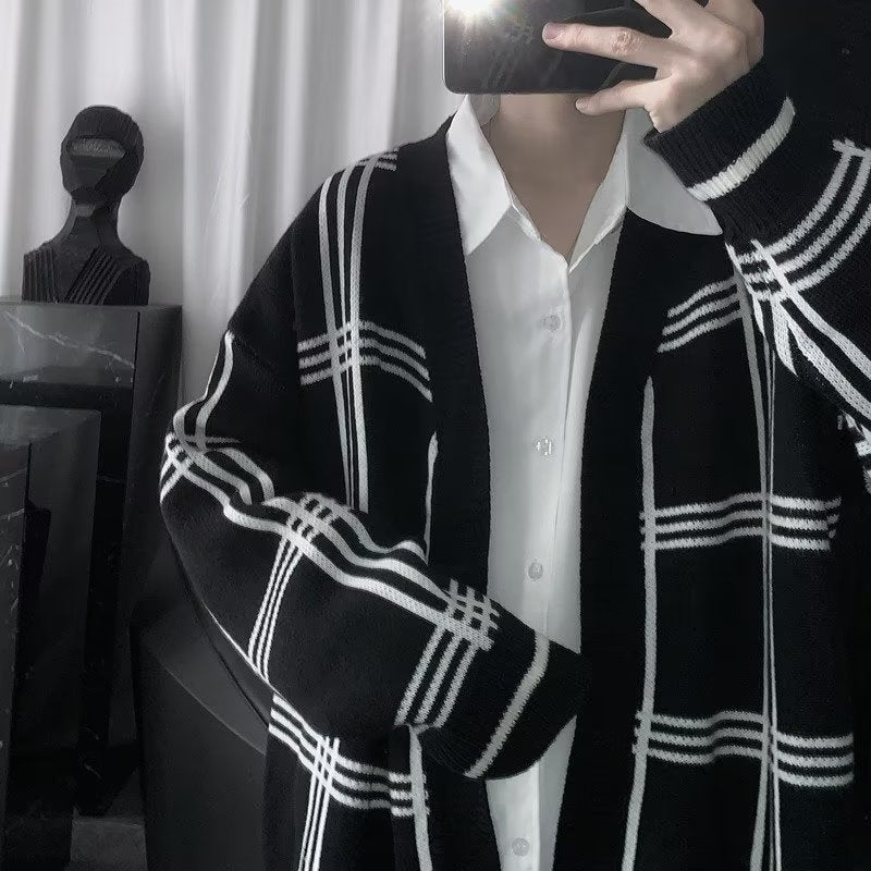 Herren Oversized Strickcardigan mit Karomuster und offener Front Shop Nory