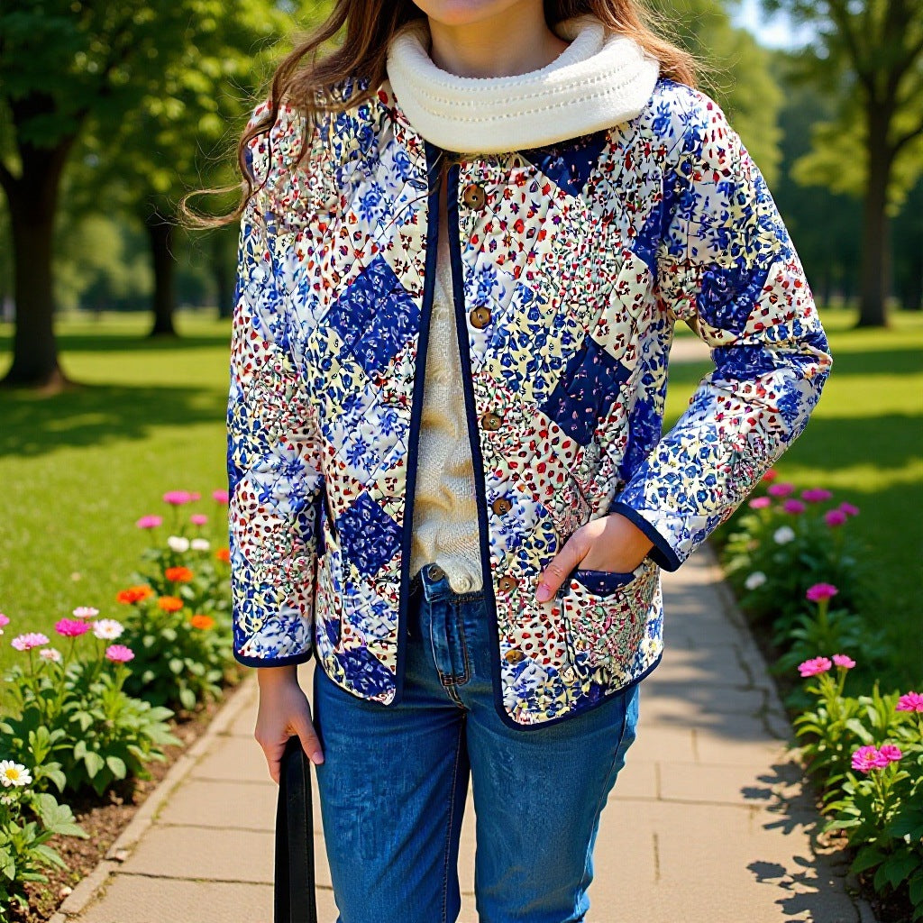 Damen Gefütterter Patchwork‑Steppmantel mit floralen Einsätzen und aufgesetzten Taschen Shop Nory