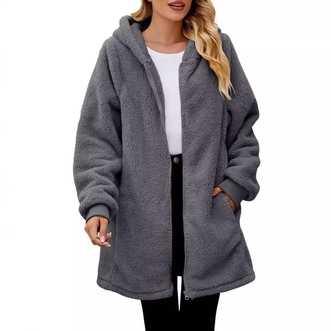 Damen nan midilanger Soft-Teddy Parka mit Kapuze, elastischen Bündchen und Zweiwege-Reißverschluss Shop Nory