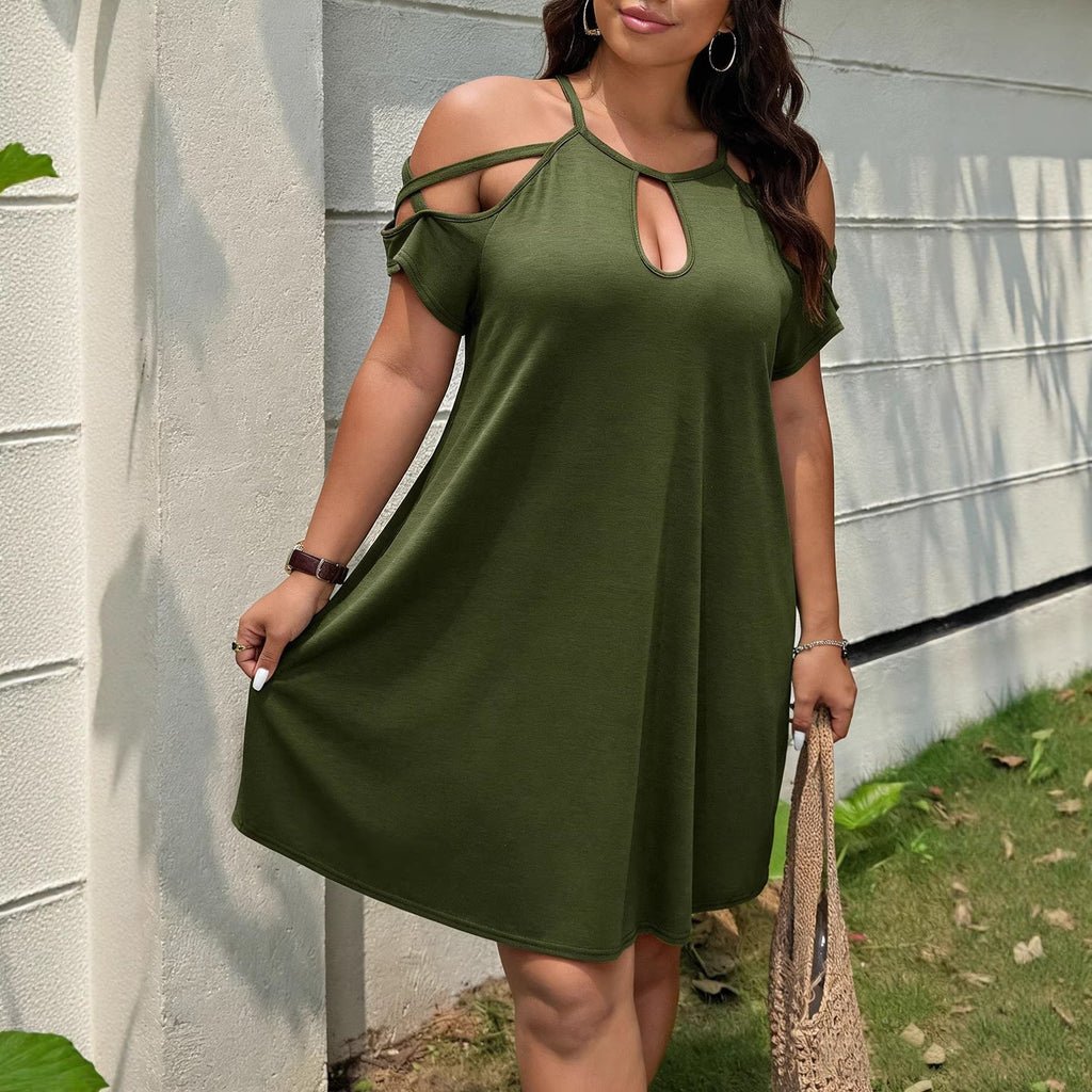 Damen Freizeitlevelenkleid mit schulterfreien Ärmeln und modischem Schlitz