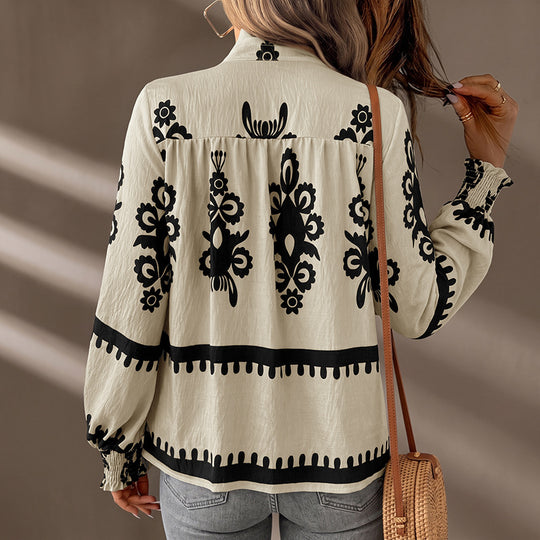 Damen Bestickte ViskosShop Noryluse mit Stehkragen, Zierknopfleiste und Smokbündchen Shop Nory