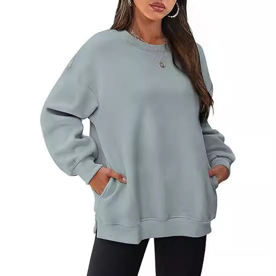Damen nan lässiger Oversize-Sweatpullover mit seitlichen Eingrifftaschen, geripptem Saum und überschnittener Schulter Shop Nory