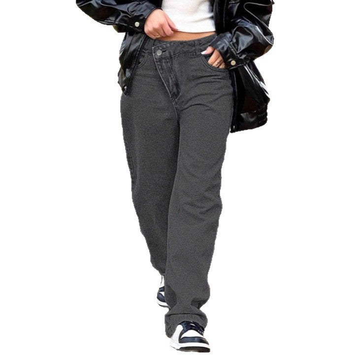 Damen hochgeschnittene locker sitzende Jeans mit weitem Bein und asymmetrischer Knopfleiste Shop Nory