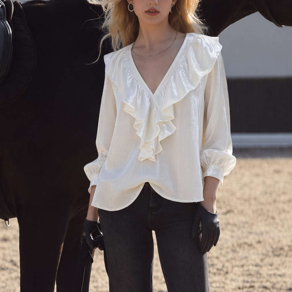 Damen schimmernde V-Neck Rüschenbluse mit Ballonärmeln und elastischen Bündchen Shop Nory