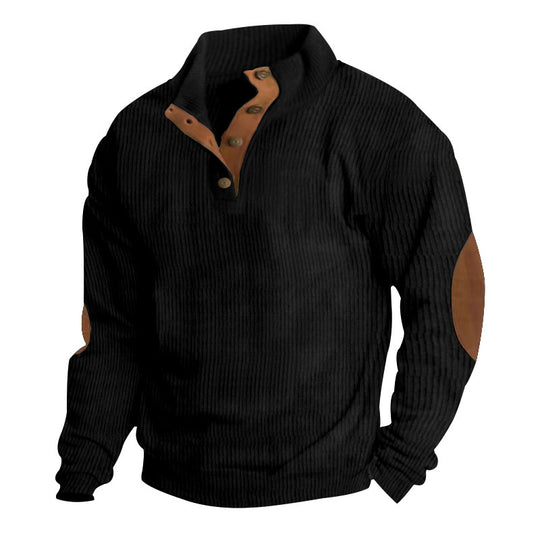 Herren nan gerippter Pullover mit Henley-Kragen und Leder-Ellbogenpatches Shop Nory